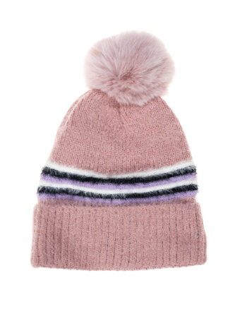 Lilac Stripe Pom Pom Beanie
